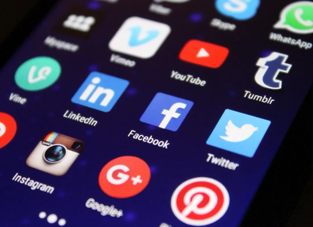 Grid of social media app icons including LinkedIn and Facebook, illustrating advisors' use of social media